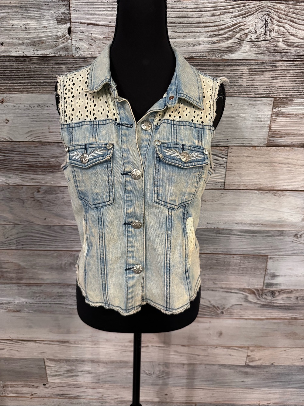 Miss Me Light Wash Vintage Look Denim Vest with Lace Trim